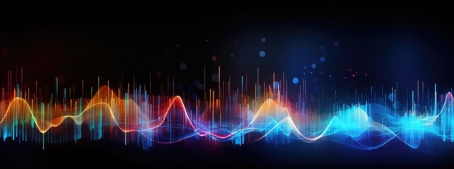 Colorful sound waves or seismogram with wiggly lines on black background