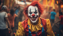 A Clown Is Smiling With His Clown Outfit On In A Dark Night