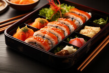 Bento Box Showcasing Sushi Assortment, Leaving Space For A Description Of Traditional Japanese Meals