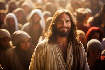 jesus in a crowd gazing up at his followers