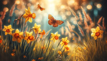 Beautiful Flowers Daffodils In Spring Summer In Tall Wild Grass And Orange Butterfly In Nature Outdoors With Beautiful Bokeh
