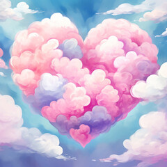 Sticker - Love heart illustration, cute girly pastels, watercolor style, idealistic fluffy clouds in heart shape