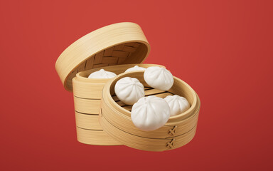 Chinese food baozi in food steamer, 3d rendering.