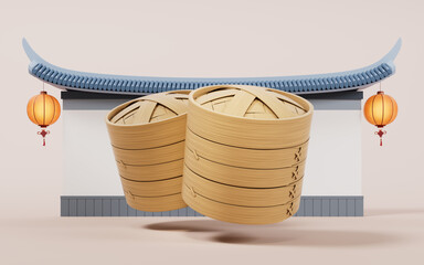 Chinese bamboo food steamer, 3d rendering.