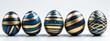 Easter holiday celebration banner greeting card - Set collection of colorful blue gold painted striped easter eggs, isolated on white table texture