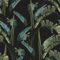 Wall Mural - Tropical seamless pattern. Summer print. Jungle rainforest. Exotic plant, bananas, palms leaves. 