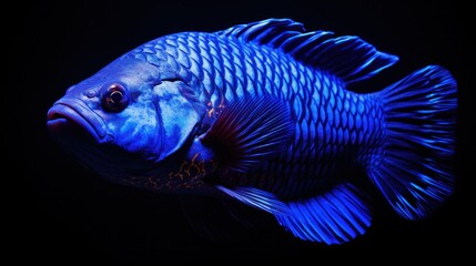 Sticker - A blue fish with a black background in the dark, AI