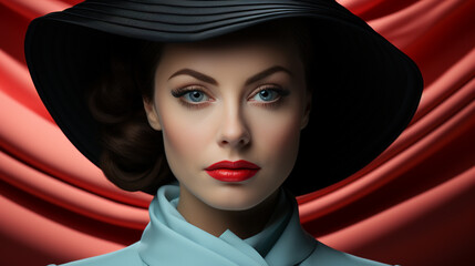 Wall Mural - A confident woman exudes elegance with her bold red lipstick and stylish hat, making a statement in the world of fashion