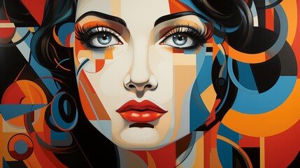 Wall Mural - A vibrant illustration of a modern woman's face, captured through bold brushstrokes and playful cartoon elements