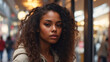 Storefront in shopping center becomes backdrop for young African American woman. There is sexuality in her eyes, her curls emphasize style, confidence. This portrait radiates strength and uniqueness