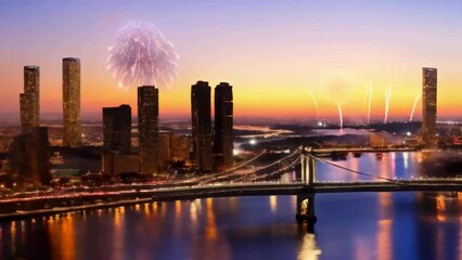 Poster - Fireworks launches over the city skyline, bridge and river. A short video of colorful New Year's fireworks.