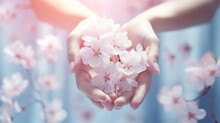 Beautiful Female Hands Holding A Branch Of Blooming Fruit Trees And Flowers, Hands Touch Cherry Flowers, Pink Cherry Blossoms In Woman's Hand, Gentle Spring Background
