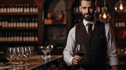 Wall Mural - Young sommelier dressed in a shirt against the background of a large wine store