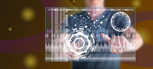 Wall Mural - Man touching a virtual technology concept