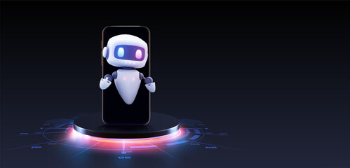 Poster - Cute neon cartoon robot. AI Content Generator. Chatbot technology. Technology and engineering.
