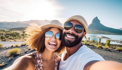 Wall Mural - Happy couple taking selfie outside on vacation , Beautiful boyfriend and girlfriend having fun on summer holiday.