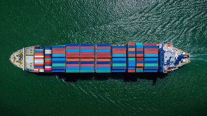 Wall Mural - Industrial import-export port prepare to load containers. Aerial top view container ship in export and import global business and logistic. Global transportation and logistic business.