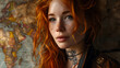 © Demencial Studies - young redhead woman with green eyes with tattoos and a rocker look, ready to travel the world, in the background there is a map of the world, vacation concept, adventure, nomadic life