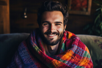 Generative AI close up picture of happy young person wrapped in warm laundry blanket