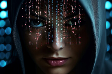 Generative AI portrait hacker in dark room secret organization community specialists