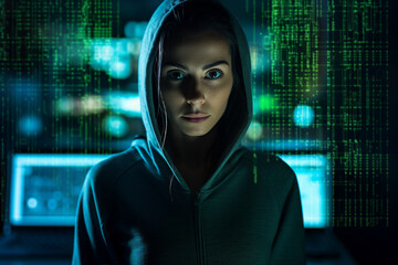 Generative AI portrait hacker in dark room secret organization community specialists