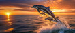 Verspielte Delfine springen fröhlich in den Wellen im Sonnenuntergang, Generative AI