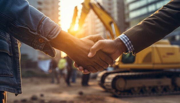 Industrial Success. Engineer and Official Unite, Shaking Hands at Manufacturing Hub