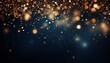 Golden bokeh particles on navy blue background with gold foil texture   christmas holiday concept