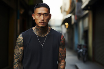Wall Mural - Photo of tattooed handsome man in creative design tattoo picture made with generative ai