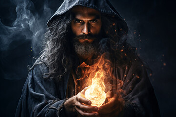 Poster - Generative AI image picture of powerful elements wizard practicing ice water air fire magic video game character