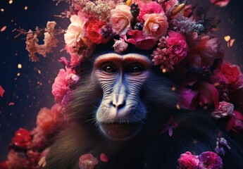 Canvas Print -  a monkey with a flower crown on it's head is surrounded by pink and red flowers and confetti.