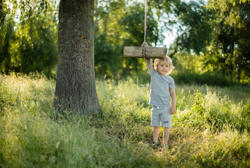 Blonde boy 3 years old in the countryside plays with a homemade swing. Boy playing on a farm with a handmade swing
