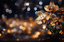Yellow Orchid Blossom On Right With Magical Bokeh Background And Copy Space For Text On Left