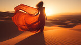 Fototapeta  - young woman in silk dress on desert dunes