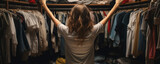 Fototapeta  - Young woman choosing clothes in front of full closet. Nothing to wear concept.