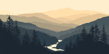 Fototapeta  - Panoramic landscape of beautiful silhouettes of mountains, forest and river. Amazing mountain landscape against the backdrop of sunset or sunrise. Wildlife vector illustration.