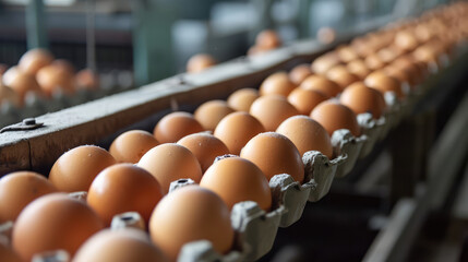 Wall Mural - The process of sorting and packing brown eggs into cardboard containers on the conveyor belt of the poultry plant. Sorting of eggs of different categories.