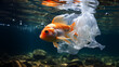 fish swimming next to a plastic bag, environmental concept, plastic pollution in the oceans