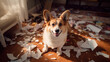 Corgi dog made mess in the living room, naughty welsh corgi torn pillows and paper alone at home, cute pet sitting on the floor looking at camera