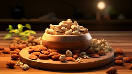 Almond nuts in a bowl on a wooden table in the morning