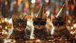 Three cats with party hats and glasses on blurred background, closeup, on gold blured glitter background,