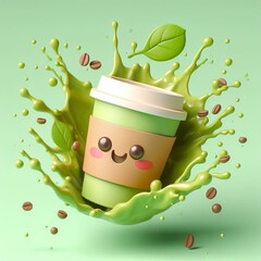 Wall Mural - Paper cup of coffee matcha fly with splash, with matcha leaves, 3d illustration, render, in cute style, in cartoon style, high quality, on green background. Advertising: brewed coffee, coffee to go fo