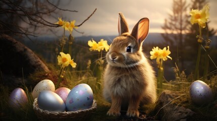 Wall Mural -  a rabbit sitting next to a basket of easter eggs in a field of daffodils and daffodils.