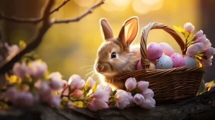 Wall Mural -  a brown rabbit sitting next to a basket of eggs on a tree branch with pink flowers in front of it.