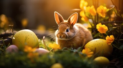 Wall Mural -  a rabbit sitting in the grass next to some yellow flowers and some yellow and pink eggs with yellow flowers in the background.