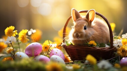 Wall Mural -  a rabbit sitting in a basket in a field of flowers and daisies with easter eggs in the foreground.