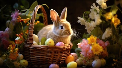 Wall Mural -  a bunny sitting in a basket with easter eggs in front of a bunch of flowers and flowers in the background.