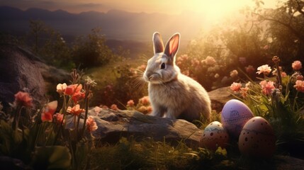 Wall Mural -  a rabbit sitting on a rock in a field of flowers with an egg in the foreground and a sunset in the background.