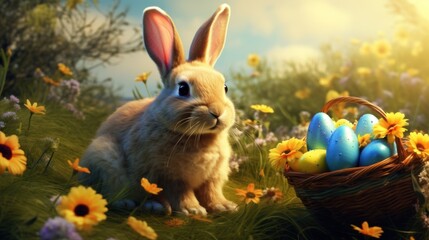 Wall Mural -  a rabbit sitting in the grass next to a basket of eggs and daisies with a blue sky in the background.