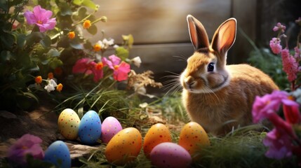 Wall Mural -  a rabbit sitting in the grass next to a bunch of flowers and easter eggs in front of a wooden fence.